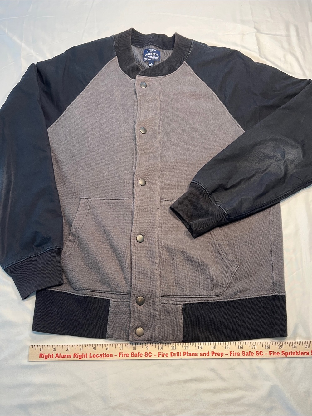 J.Crew Authentic Fleece Snap Front Varsity Bomber Jacket Gray Black Mens M